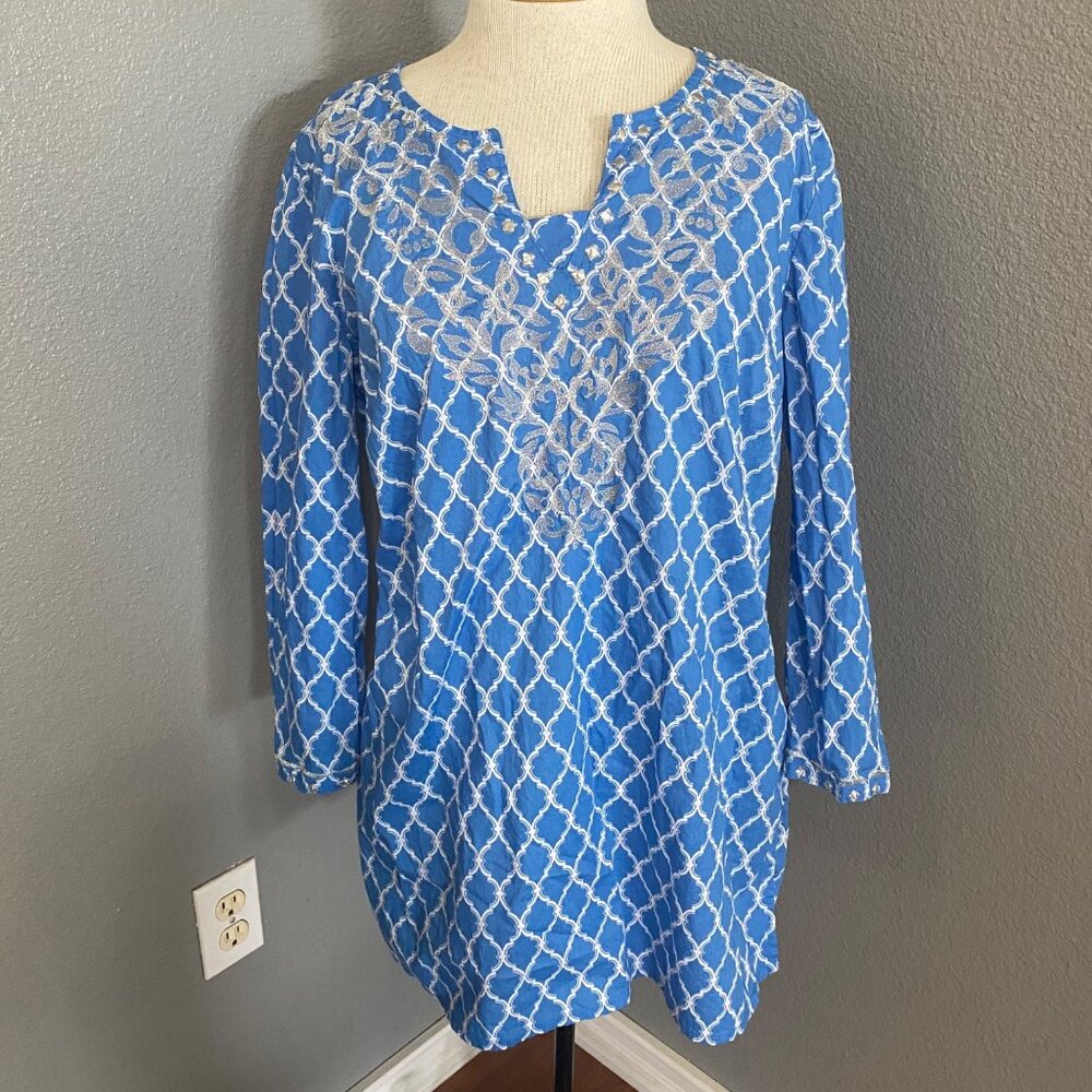 Charter‎ Club Blouse Size 12 Blue & White Embroidered Tunic Top Geometric